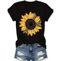 2026 Women'S Summer Black Round-Neck Short-Sleeve T-Shirt with Sunflower Leopard Print, Breathable Casual Short-Sleeve T-Shirt Featuring a Classic Black Round-Neck Design, Suitable for Home, Outdoor, Or Travel, Paired with Sunflower Leopard Print