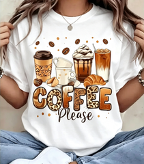 Women's Coffee Lover Graphic T-Shirt, Casual Short Sleeve Round Neck Top with Coffee Cup Beans and “COFFEE Please” Print