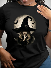 Mystery Witch Hat Shhh Graphic T-Shirt, Women's Gothic Short Sleeve Crew Neck Casual Top