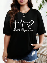 Women's "Faith, Hope, Love" T-Shirt – Christian Casual Short-Sleeve Tee with Cross & Heartbeat Design