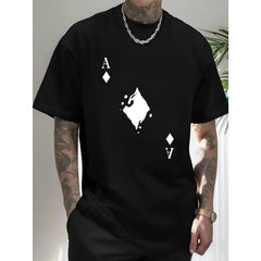 Men's cotton crew neck t-shirt with bold Ace of Spades graphic print, regular fit stretch knit fabric, white casual short sleeve top, suitable for all seasons, street trend t-shirt
