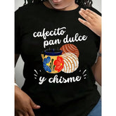 Women'S Mexican Hispanic Pride Cafecito Pan Dulce Y Chisme Graphic T-Shirt Black Short Sleeve Round Neck Casual Top With Vibrant Breakfast Design, Machine Washable, Mexican T Shirt