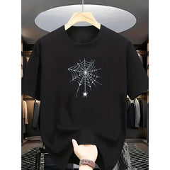 Gothic Spider Web & Spider Print T-Shirt - White Casual Short Sleeve Round Neck Tee with Black & Grey Web Design, Edgy Dark Theme Summer Top