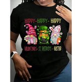 Patrick's Day & Easter Gnome Graphic T-Shirt - 100% Cotton Unisex Casual Tee With Cartoon Gnomes, Shamrocks & Bunnies, Slight Stretch, Sizes S-XXXL For Spring Festivities, Holiday Apparel, Ho