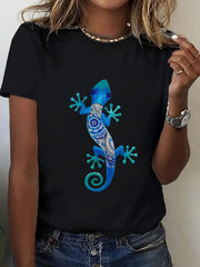 Women's Stylish Gecko-Print T-shirt, Casual Crew-Neck Tee.