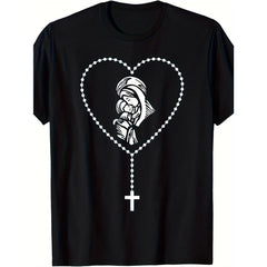 Women's Catholic Faith T-Shirt - Unisex Short-Sleeve Round Neck Cotton Top with Jesus & Mary Graphic, Elegant Religious Gift for Sports & Daily Wear, Shortsleeve, Casual, Crew Neck, Regular Sleeve, T-Shirt Top, Graphic Print, Comfortable, Style