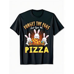 Funny Easter Bunny & Pizza Graphic Tee - "Forget the Eggs Just Give Me Pizza" Saying - Black Shirt with Yellow Text - Soft Breathable Cotton Shirt for Easter Parties, Casual Outfits - Sizes S(Men & Women)