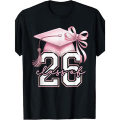 Women'S Class of 2026 Graduation T-Shirt - Pink Bow & Number 26 Graphic, Loose Fit Short Sleeve Round Neck Casual Top with Digital Print, Comfortable Graduation Party Outfit for Senior Year Celebrations (Black with Pink Lettering)