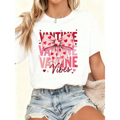 Valentine's Day, Top, Women's Clothing, Ladies 100% Cotton Valentine's Day T-Shirt - Bright Red Pink Bow And VALENTINE Print Short Sleeve Casual Top, Loose H-Cut Suitable For Light Blue Jeans, Scattered Heart Pattern