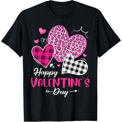 Happy Valentine's Day Leopard and Plaid Hearts Women T-Shirt