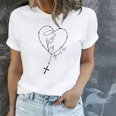 Women's Pure Cotton T-Shirt With Religious Heart Rosary Design, Angel And Cross Print, Casual V-Neck Short Sleeve Top For Daily Wear Women's Casual And Stylish Short-Sleeved Printed Shirt