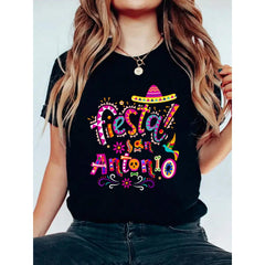 Fiesta San Antonio Cinco De Mayo “Let’s Fiesta” T-Shirt for Women | Texas Celebration Graphic Tee, 100% Cotton Short Sleeve Casual Top