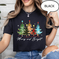 Merry And Bright Christmas Tree Tee,Watercolor Christmas Tree Shirt, Merry Christmas Party Tee, Holiday Gift for Women