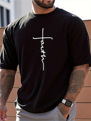 Men T-Shirt Faith Cross Graphic Print Black White Short Sleeve Crew Neck T Shirt