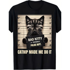 Funny Cat Mugshot Made Me Do It Print Graphic Tshirt Pet Lover Humor Tops For Men,Round Neck,Short Sleeve,Casual Men Tshirt