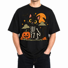Cute Skeleton Cat Pumpkin T-Shirt Spooky Halloween Bones Tee