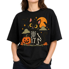 Cute Skeleton Cat Pumpkin T-Shirt Spooky Halloween Bones Tee