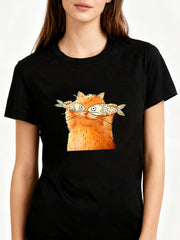Cute Orange Cat Fish Women T-Shirt Funny Graphic Tee for Cat Lovers Casual Wear