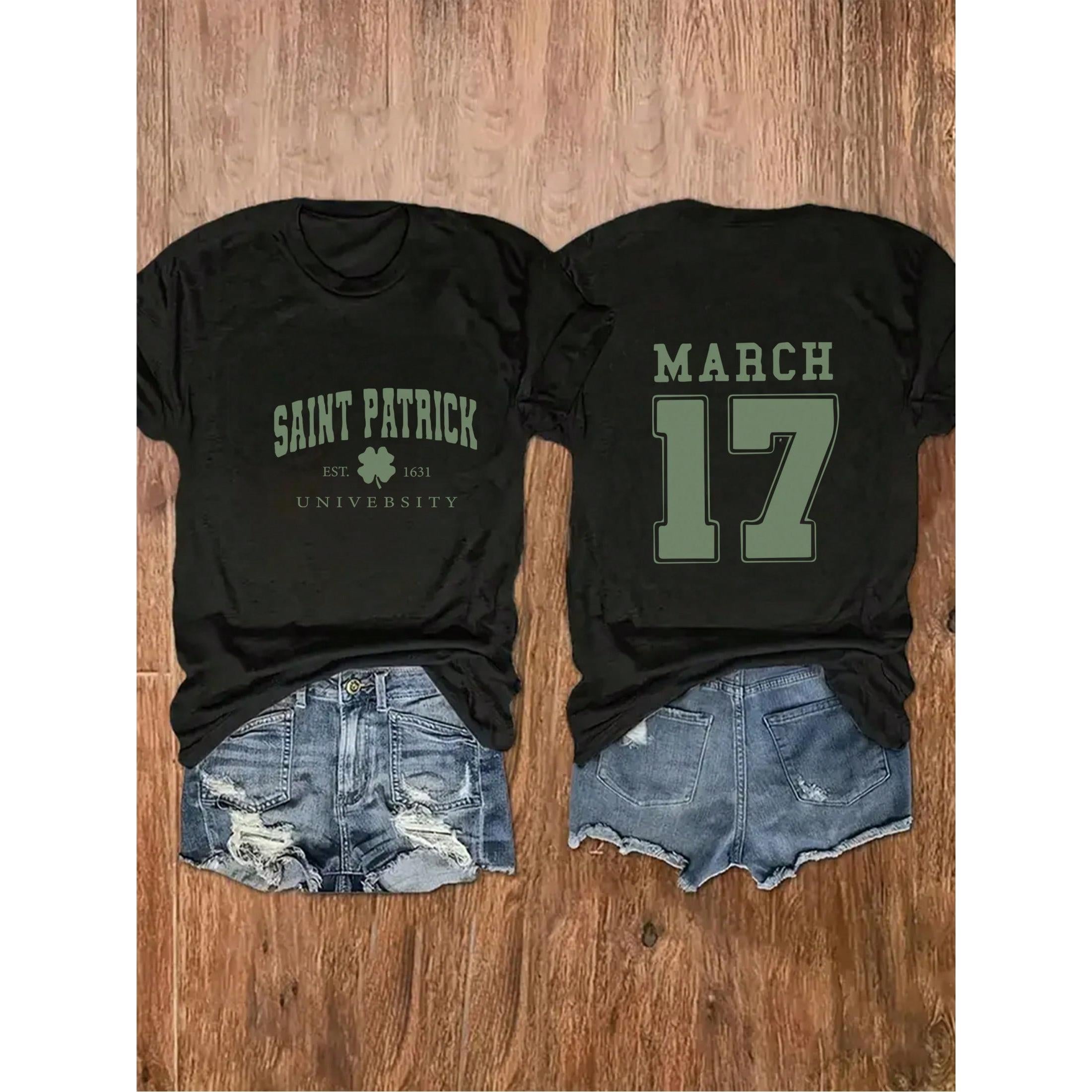 Plus Size Women's St. Patrick's Day Graduation T-Shirt - Heavy Academic Shirt With Front And Back Print In Dark Purple And Green Letters For Campus Activities, St. Patrick's Day - Machine Washable College Style Clothing, Casual Wear