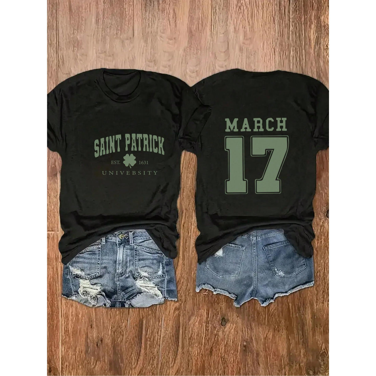 Plus Size Women's St. Patrick's Day Graduation T-Shirt - Heavy Academic Shirt With Front And Back Print In Dark Purple And Green Letters For Campus Activities, St. Patrick's Day - Machine Washable College Style Clothing, Casual Wear