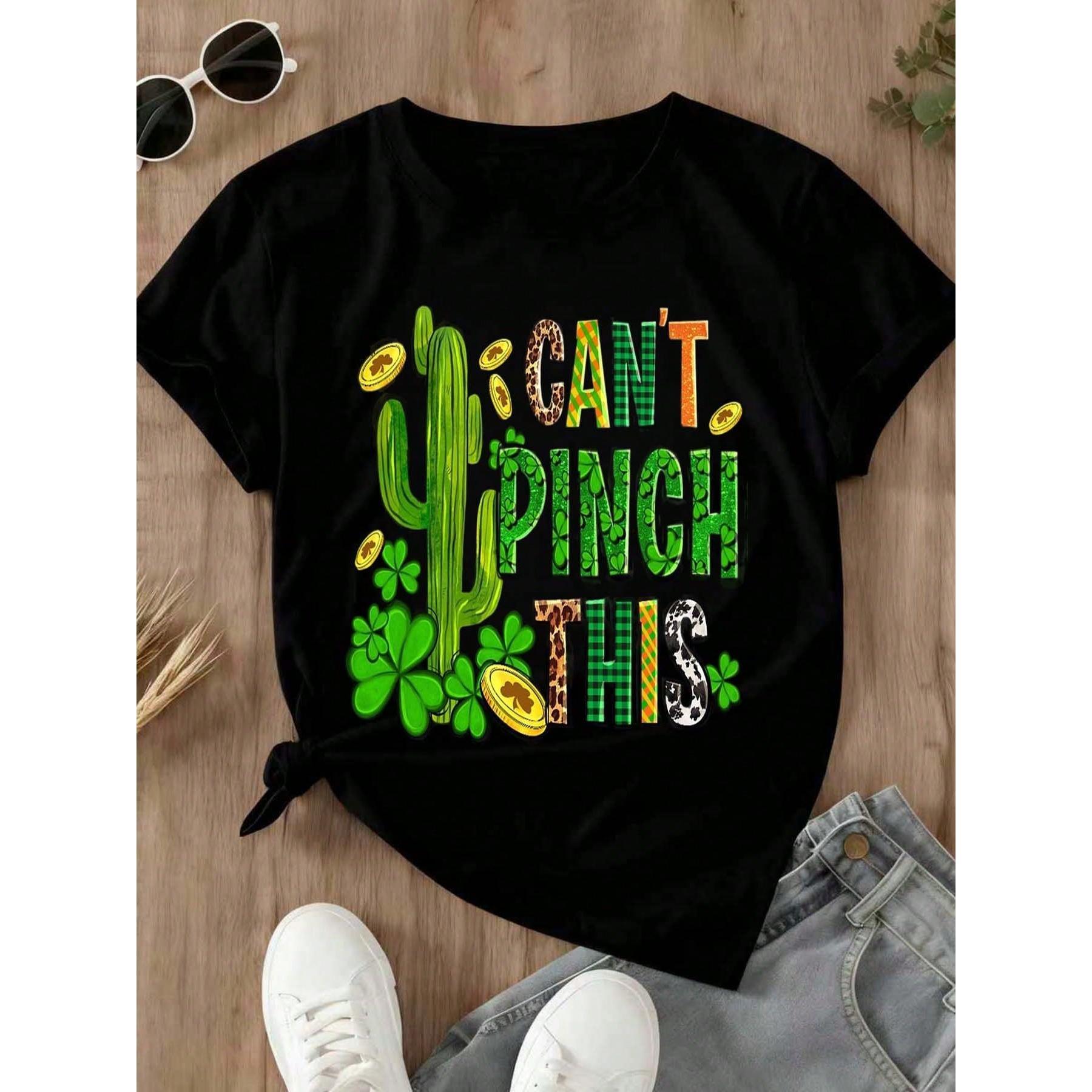 I Cant Pinch This St Patrick's Day Cactus Shamrock T-Shirt Funny Lucky Irish Holiday Shirt For Women Men Unisex Casual Wear