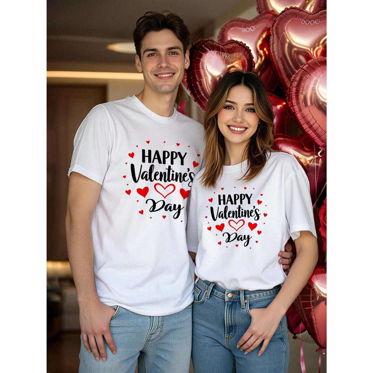 Homme Valentine's Day Heart Font Casual Print Men's Standard White Crew Neck Short Sleeve T-Shirt, Essential For Dates And Gatherings, Suitable As Gift For Boyfriend