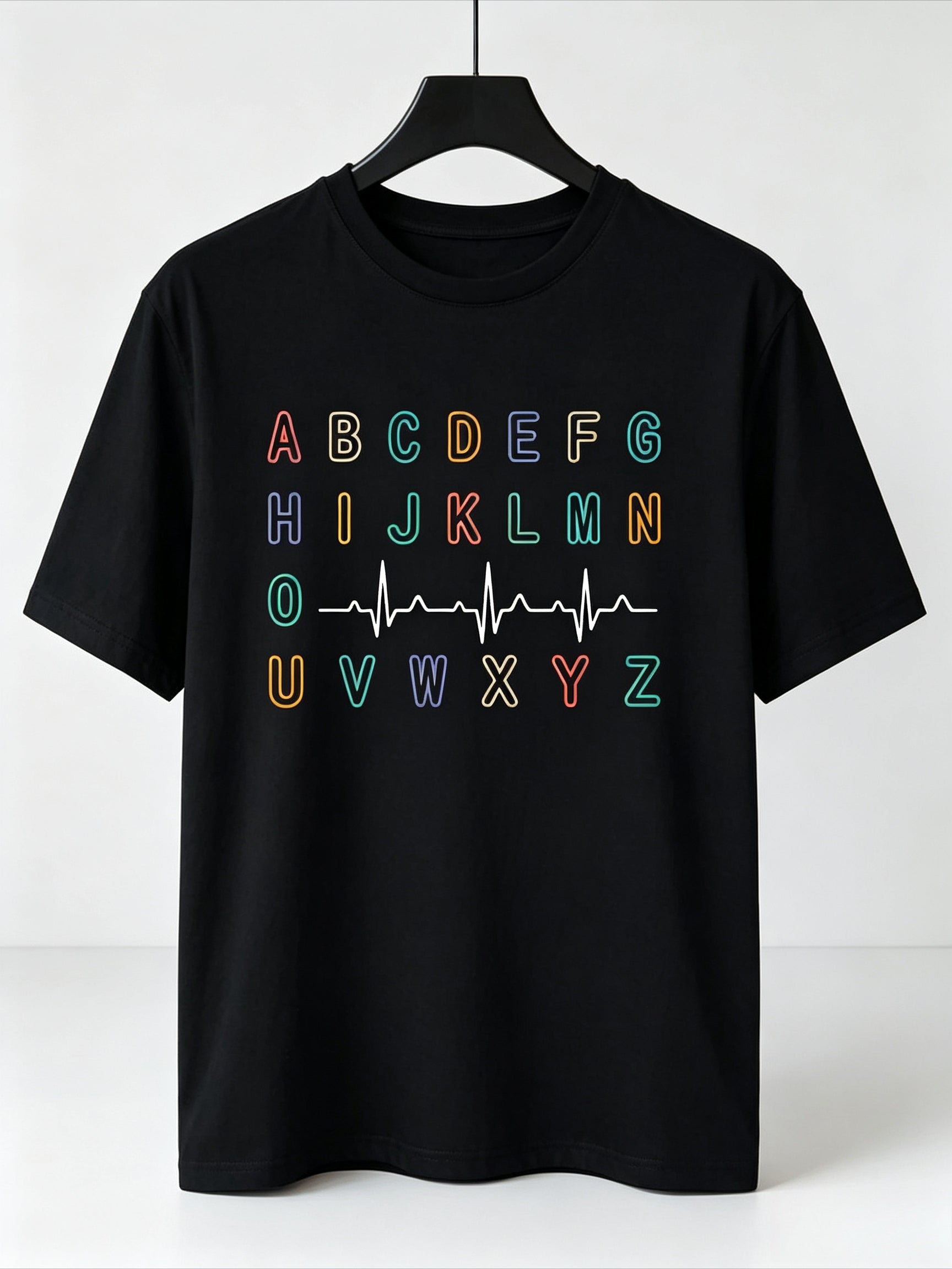 Nurse PQRST ABC EKG Strip Alphabet Print Cotton Short Sleeve Tee Crew Neck Top