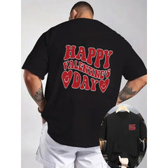 Black Crew Neck Short Sleeve Tee with Red Text & Heart Designs on Back/Left Chest, Casual Tattoo-Friendly, Light Gray Background - Perfect for Valentine'S Day Gift, Beach Wear with White Shorts