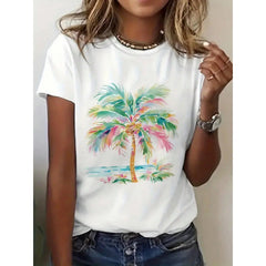 Women's Colorful Palm Tree Pattern T-Shirt - Casual White Tropical Design T-Shirt