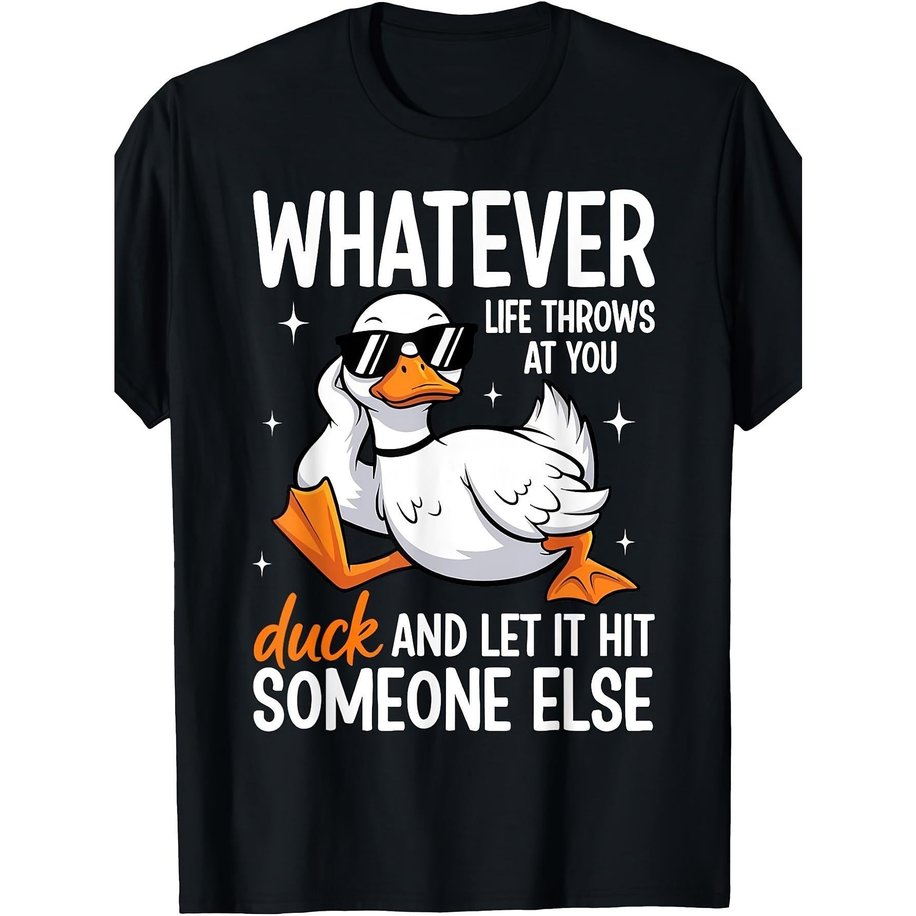 Men's Cute Duck Drawing T-Shirt, Vintage Korean Style Streetwear with Funny Slogan, Slight Stretch Polyester Knit Fabric Top, Round Neck, Chic