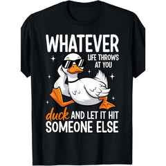 Men's Cute Duck Drawing T-Shirt, Vintage Korean Style Streetwear with Funny Slogan, Slight Stretch Polyester Knit Fabric Top, Round Neck, Chic