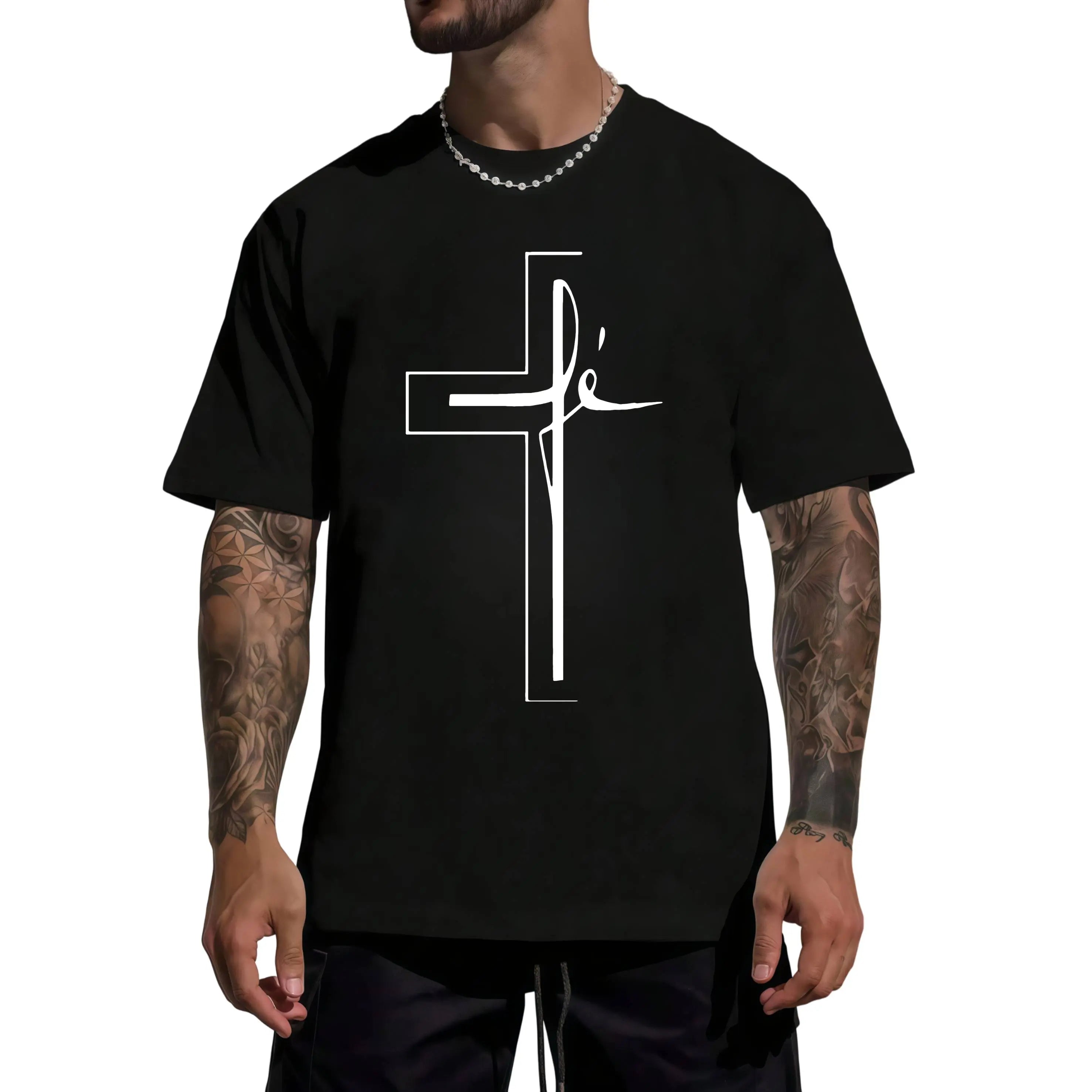 Men'S Summer Casual Sports T-Shirt with Religious Cross Print,  Crew Neck, Short Sleeve, Geometric Pattern