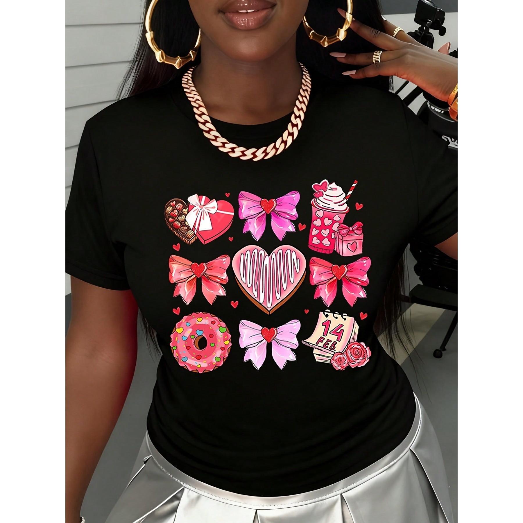 Valentine's Day Sweet Heart T-Shirt With Candy Bow Donut And Calendar Design For Women