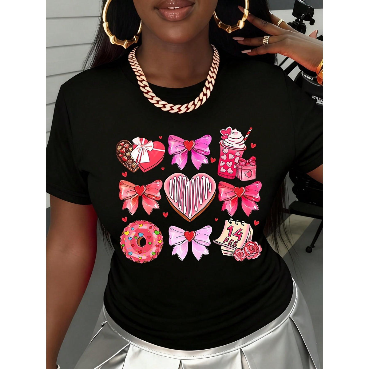 Valentine's Day Sweet Heart T-Shirt With Candy Bow Donut And Calendar Design For Women