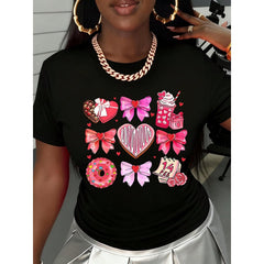 Valentine's Day Sweet Heart T-Shirt With Candy Bow Donut And Calendar Design For Women