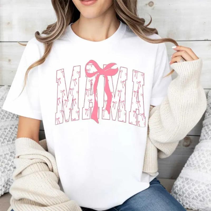 Mama Pink Bow Print T Shirt Crew Neck Casual Tee For Women Mother Day Gift Wear