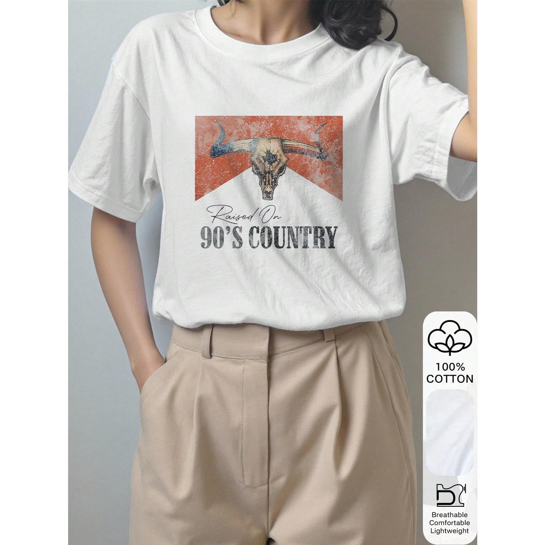 90s Country Style & Bull Head Print 100% Cotton Short Sleeve T-Shirt For Women, Summer Tee, Graphic Tee, Casual Summer Outfit, Cotton T-Shirt, Summer Top