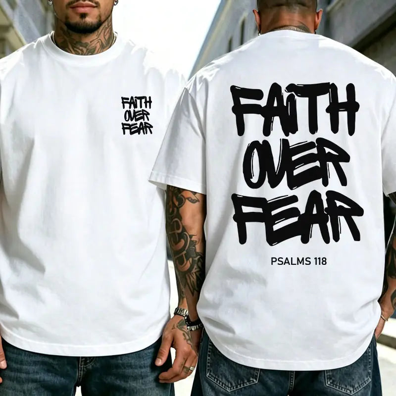 Oversized Menswear Short-Sleeve Tshirt, Faith Over Fear Graffiti Print Christian Sports Top in Soft Fabric, Shortsleeve
