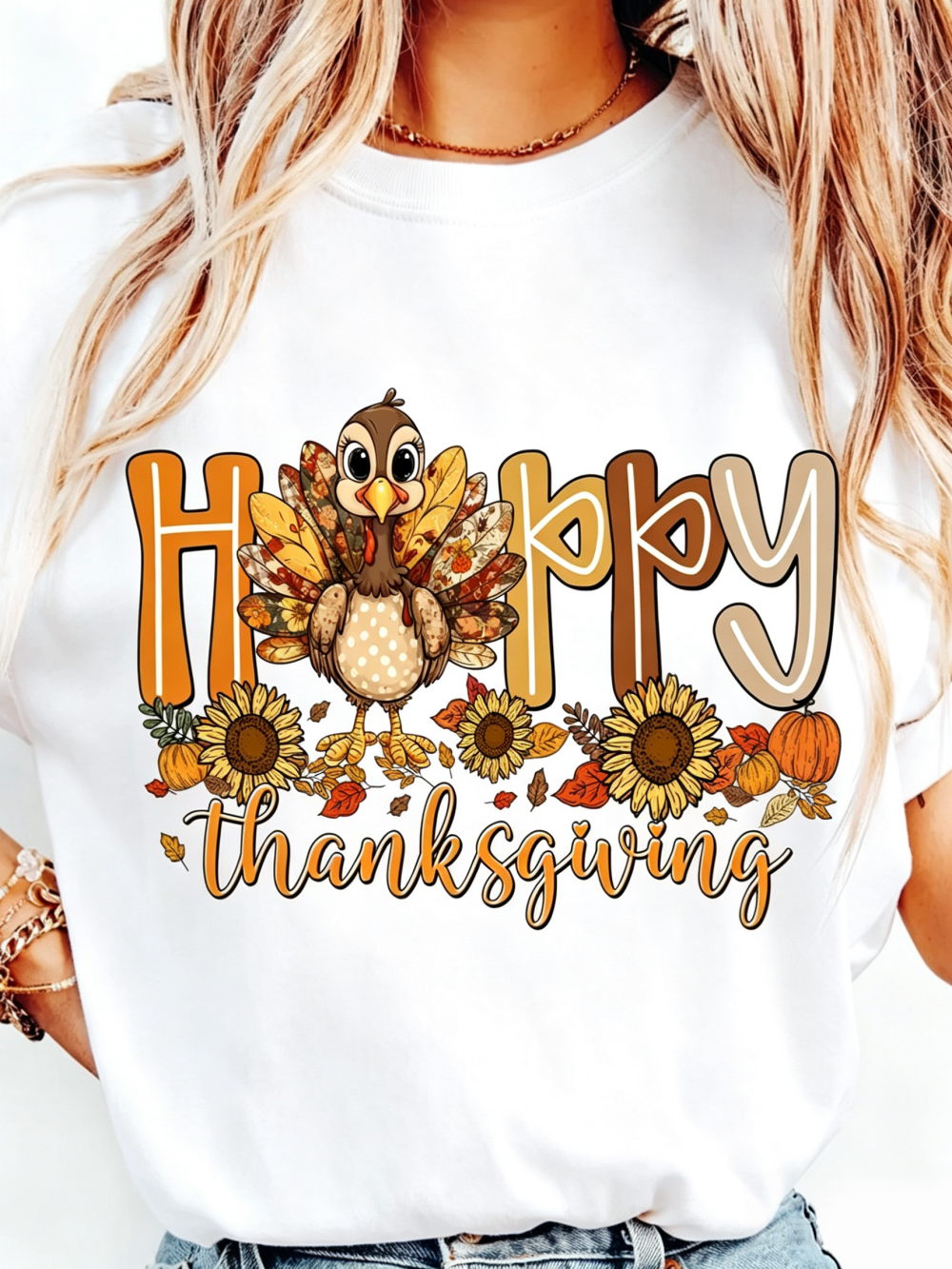 Women's Happy Thanksgiving Turkey Sunflower Pumpkin Graphic T-Shirt, Crew Neck Short Sleeve Casual Fall Tee
