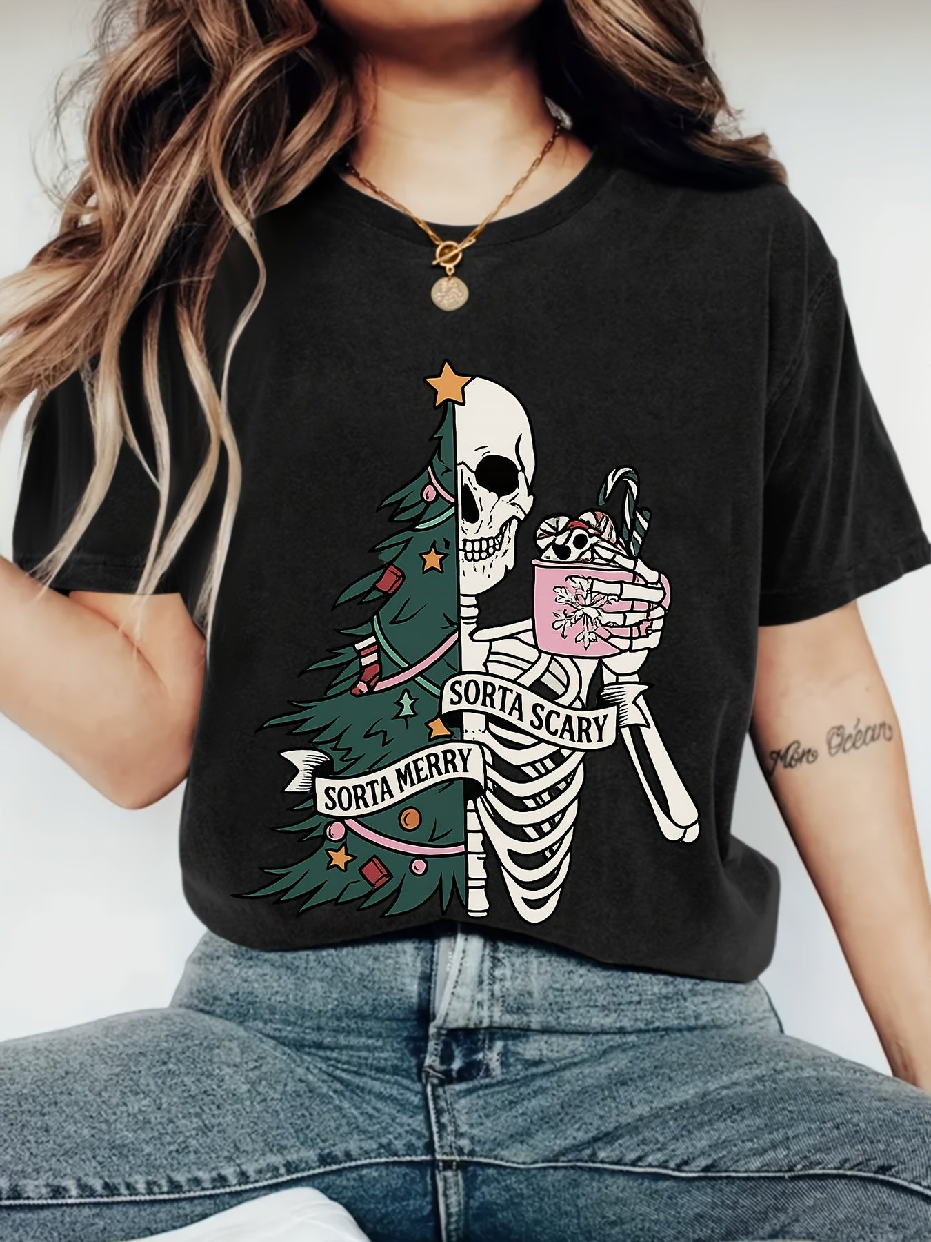 Sorta Merry Sorta Scary Skeleton Christmas Tree Graphic T-Shirt, Women's Funny Xmas Skeleton Hot Cocoa Short Sleeve Tee