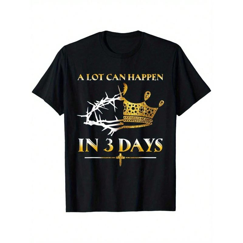 Women's He Is Risen In 3 Days Easter T-Shirt - 100% Cotton, Polyester Blend, Fitted, Casual Round Neck Short Sleeve Tee, All Over Print Crown & Thorn Design, Black, S-5XL