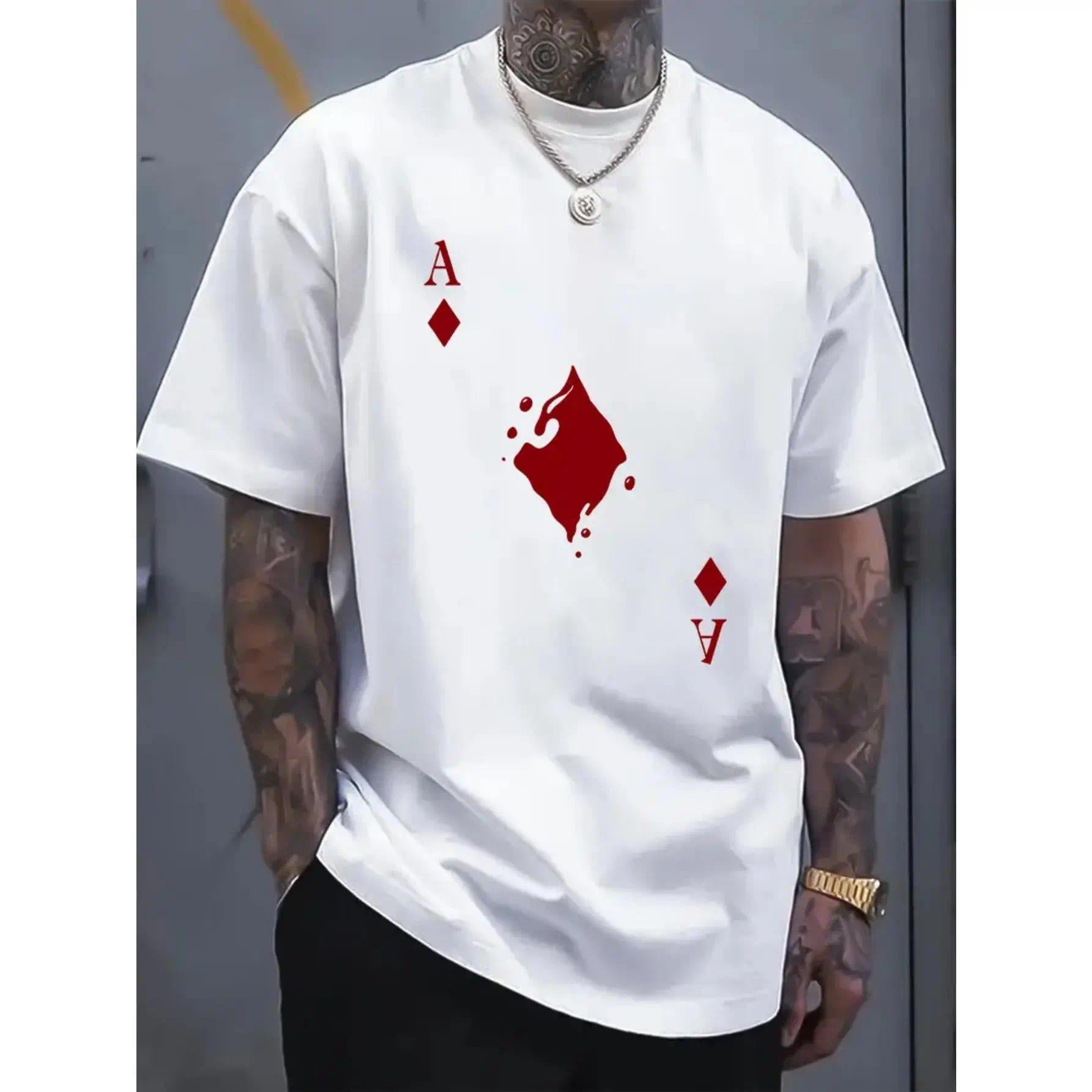 Men's cotton crew neck t-shirt with bold Ace of Spades graphic print, regular fit stretch knit fabric, white casual short sleeve top