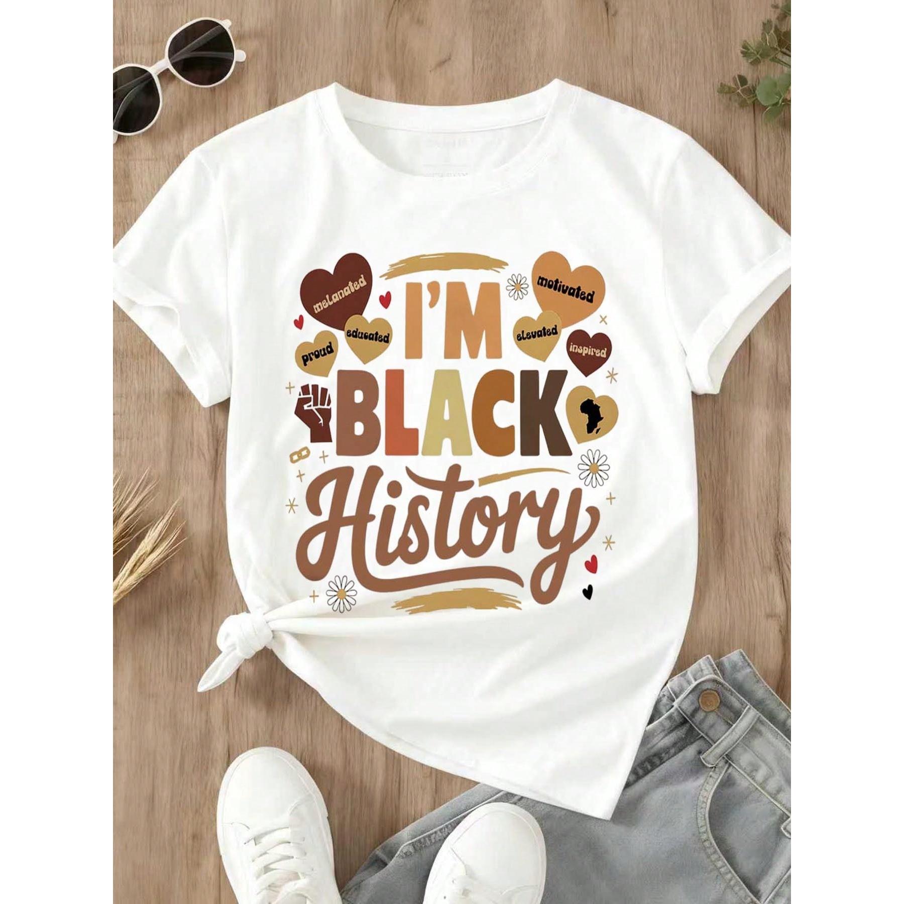 Women's Black History Long Sleeve Crew Neck T-Shirt - I'm Black History Graphic With Heart & Lightning Design, White Polyester Casual Top For Fall & Winter, Everyday Tshirt  Crew Neck Top  Polyester Fabric