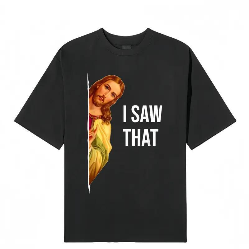 Men's "I Saw It" Jesus Meme T-Shirt - Casual Black Crew Neck T-Shirt, Graphic Print, 100%25 Cotton, Machine Washable - Suitable for All Seasons shirts  men