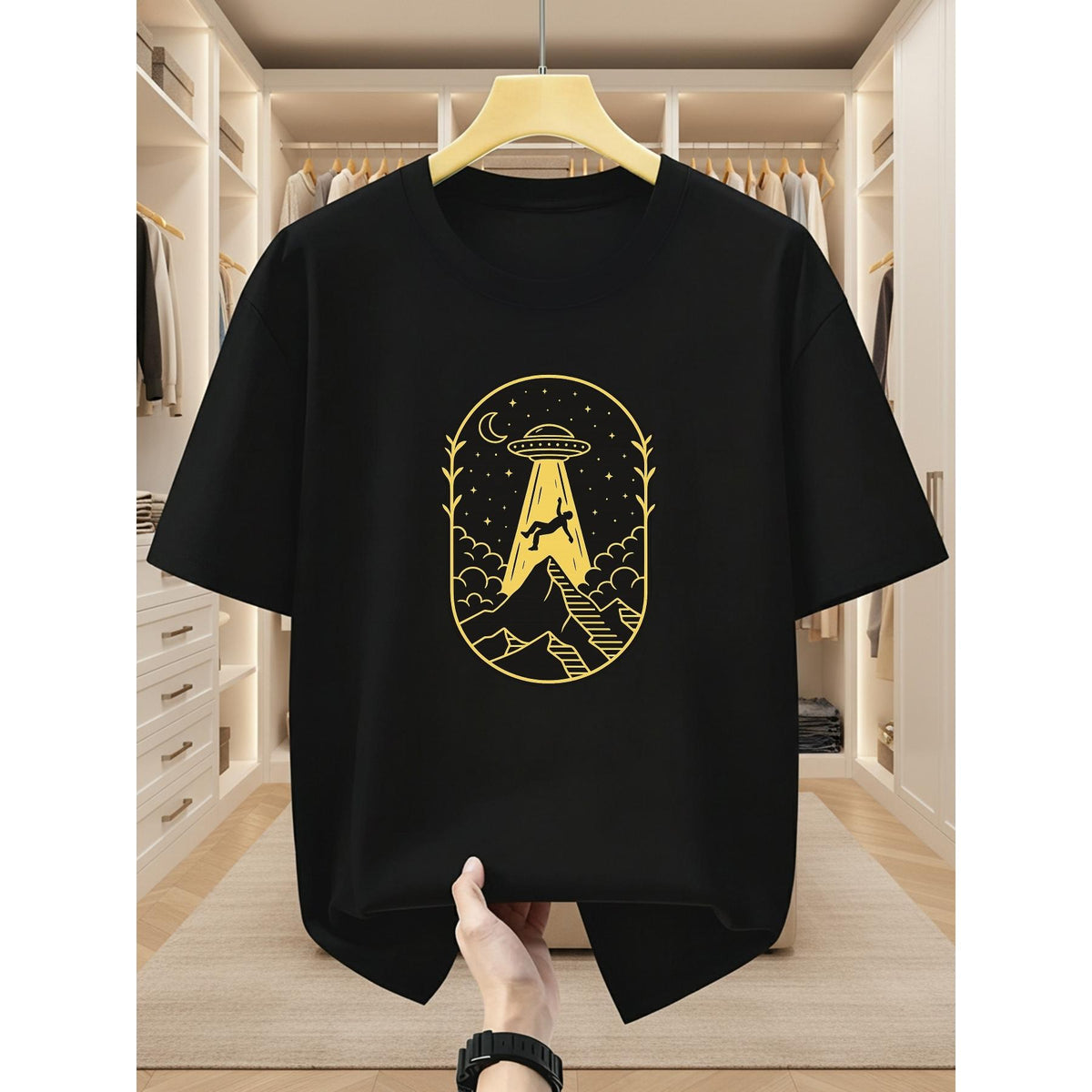Men's Cotton T-Shirt - Elegant Round Neck Short-Sleeve Top with Alien UFO Graphic Print, Menswear Tshirt for Summer Daily Leisure, Sports Wear