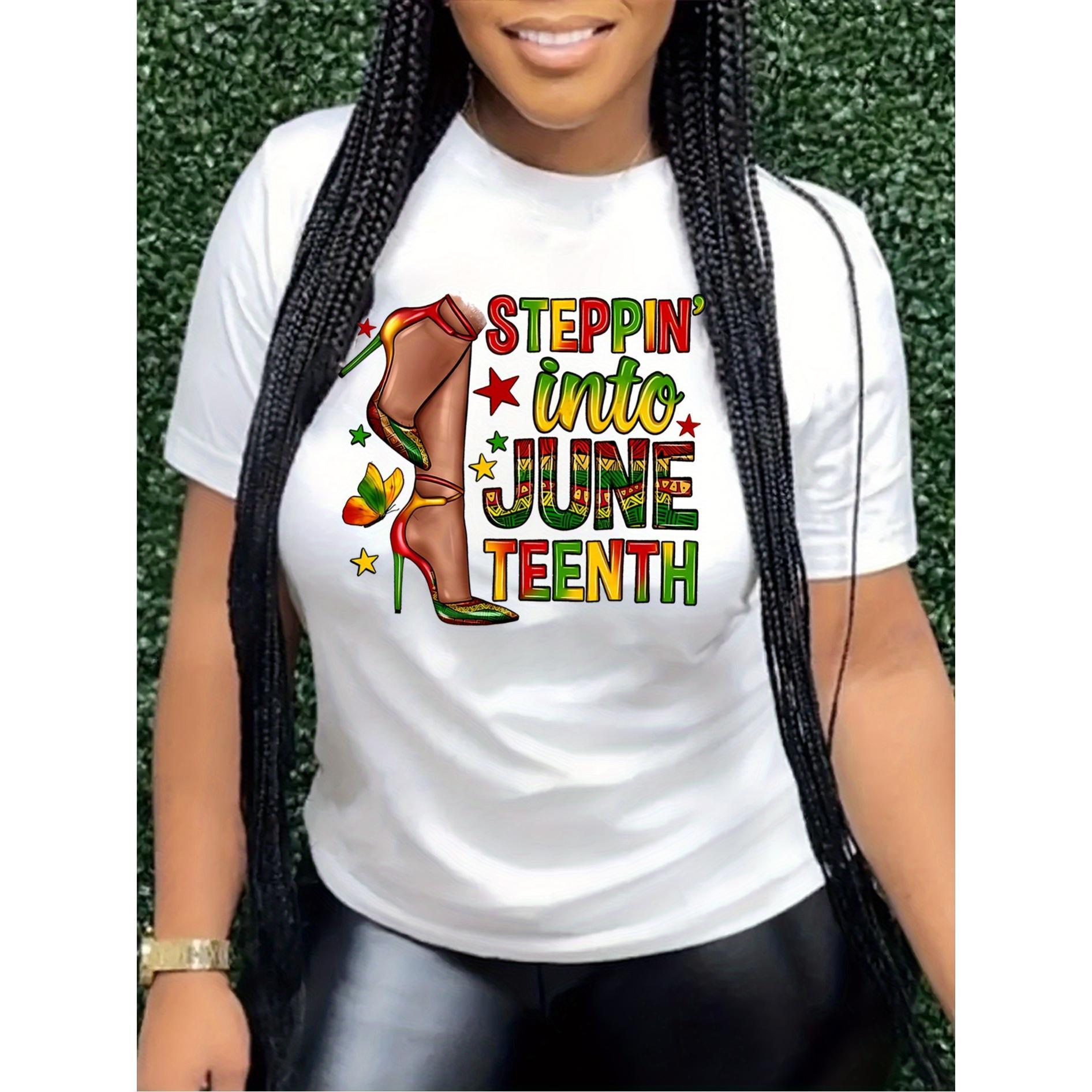 Women'S Casual 'Stepin' Into Juneteenth' Pattern T-Shirt- Short Sleeve, Round Neck, White with Colorful Letters and Boots Design, Machine Washable, Spring Summer Fashion Top, Women'S T-Shirt