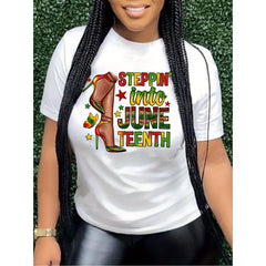 Women'S Casual 'Stepin' Into Juneteenth' Pattern T-Shirt- Short Sleeve, Round Neck, White with Colorful Letters and Boots Design, Machine Washable, Spring Summer Fashion Top, Women'S T-Shirt