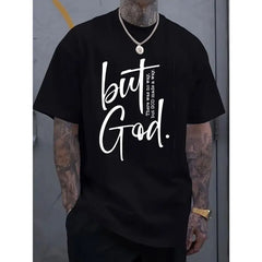 [100% Cotton]Men'S Cotton Crew Neck T-Shirt With "But God" Letter Print, Casual Street Style, All-Season Comfort Fit,  Knit Fabric, Cotton T Shirts