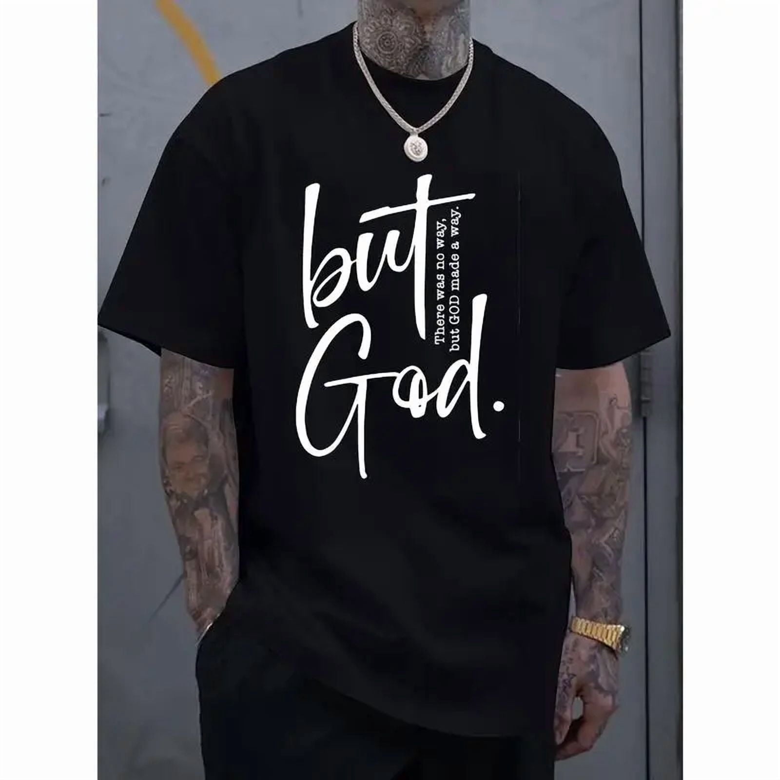 [100% Cotton]Men'S Cotton Crew Neck T-Shirt With "But God" Letter Print, Casual Street Style, All-Season Comfort Fit,  Knit Fabric, Cotton T Shirts