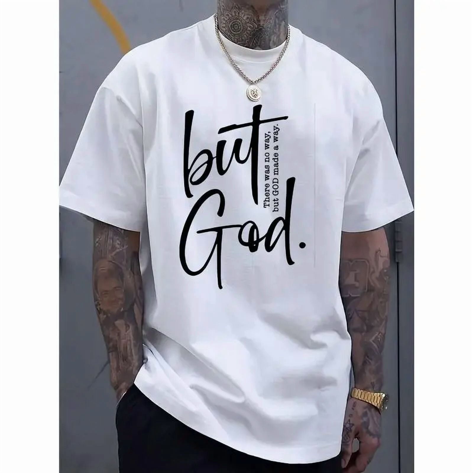 [100% Cotton]Men'S Cotton Crew Neck T-Shirt With "But God" Letter Print, Casual Street Style, All-Season Comfort Fit,  Knit Fabric, Cotton T Shirts